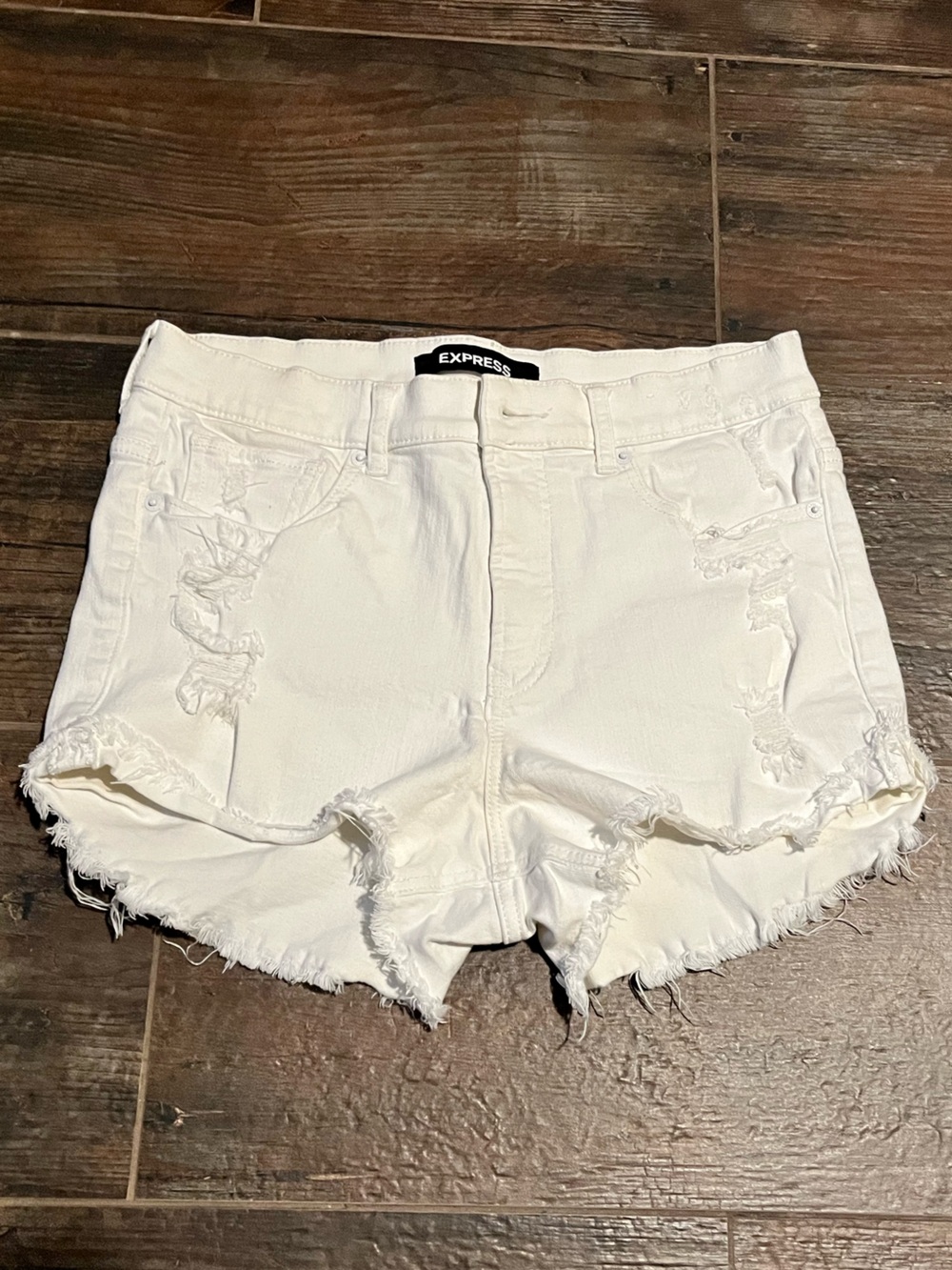 Express White Distressed Denim Cutoff Shorts with fringe ends